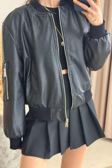 HIGH NECK LEATHER WOMEN JACKET BLACK/ E ZEZE - 4