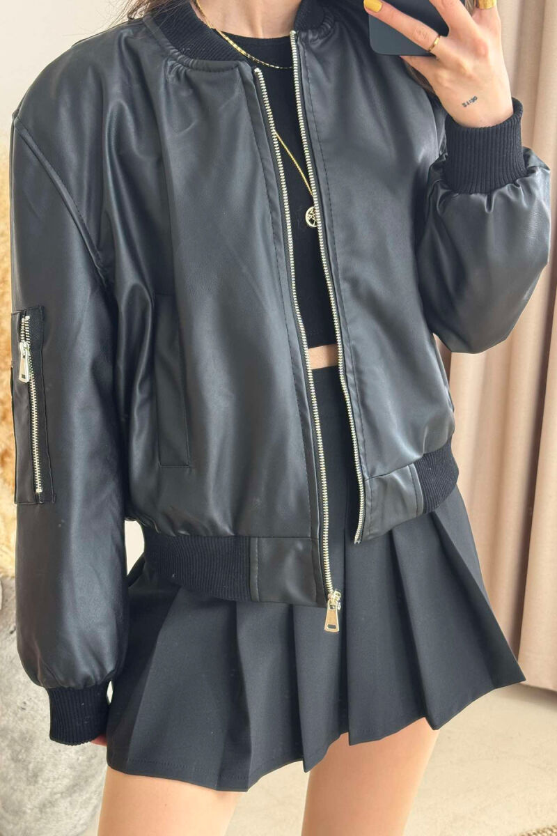 HIGH NECK LEATHER WOMEN JACKET BLACK/ E ZEZE - 4