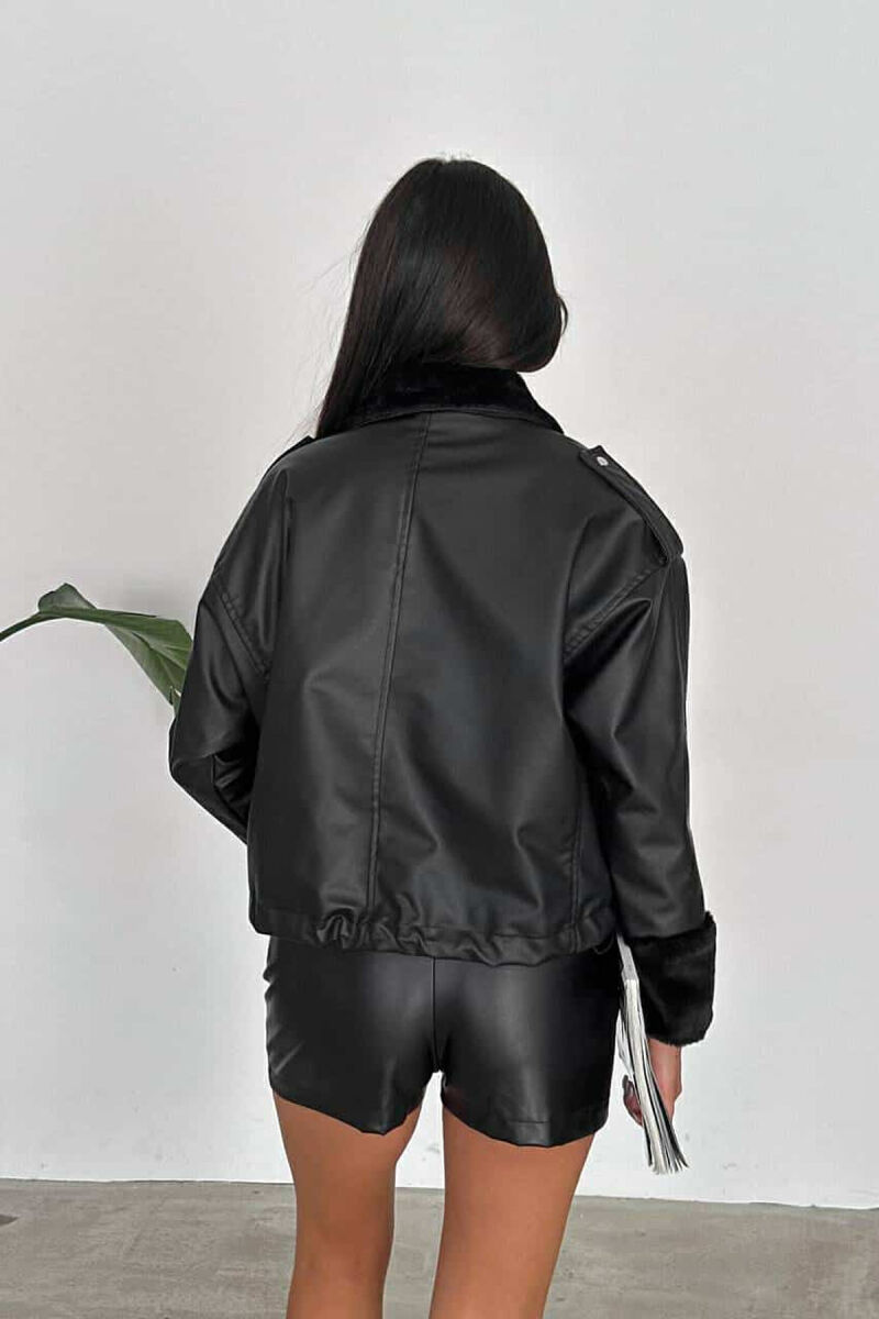 HIGH NECK LEATHER WOMEN JACKET BLACK/ E ZEZE - 2