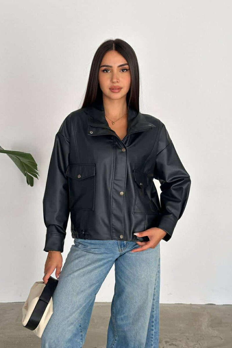 HIGH NECK LEATHER WOMEN JACKET BLACK/ E ZEZE - 5