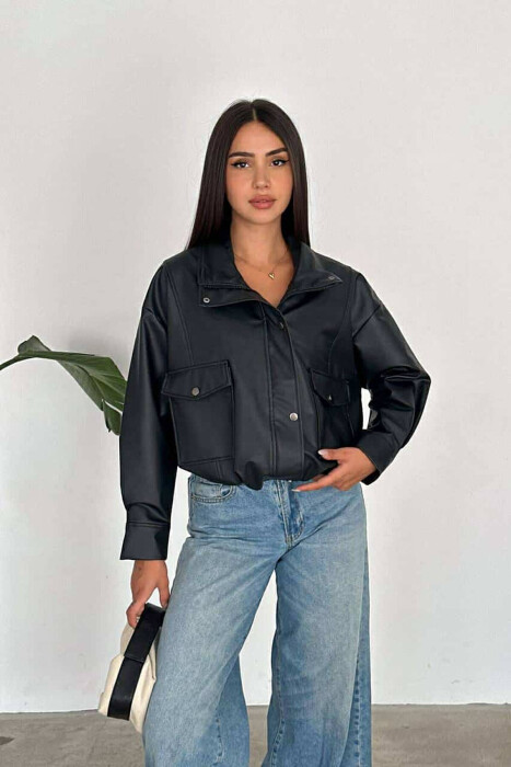 HIGH NECK LEATHER WOMEN JACKET BLACK/ E ZEZE - KLAUDIO FASHION