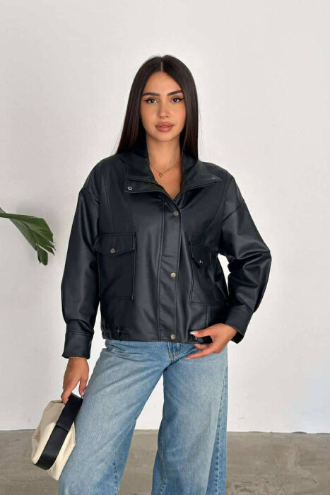 HIGH NECK LEATHER WOMEN JACKET IN BLACK COLOR - 4