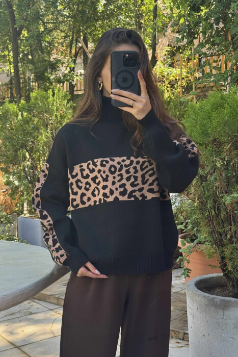 HIGH NECK LEO DESIGN WOMEN SWEATER BLACK/ E ZEZE - 3