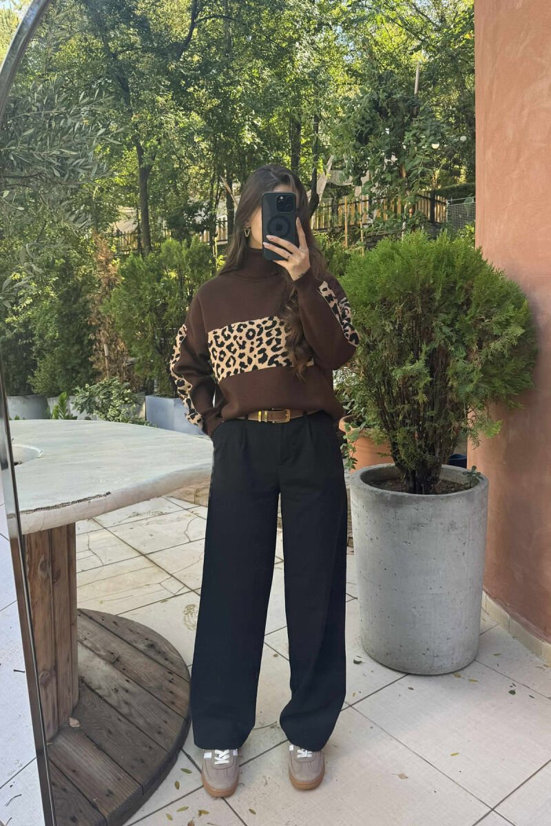 HIGH NECK LEO DESIGN WOMEN SWEATER BROWN/KAFE - 1