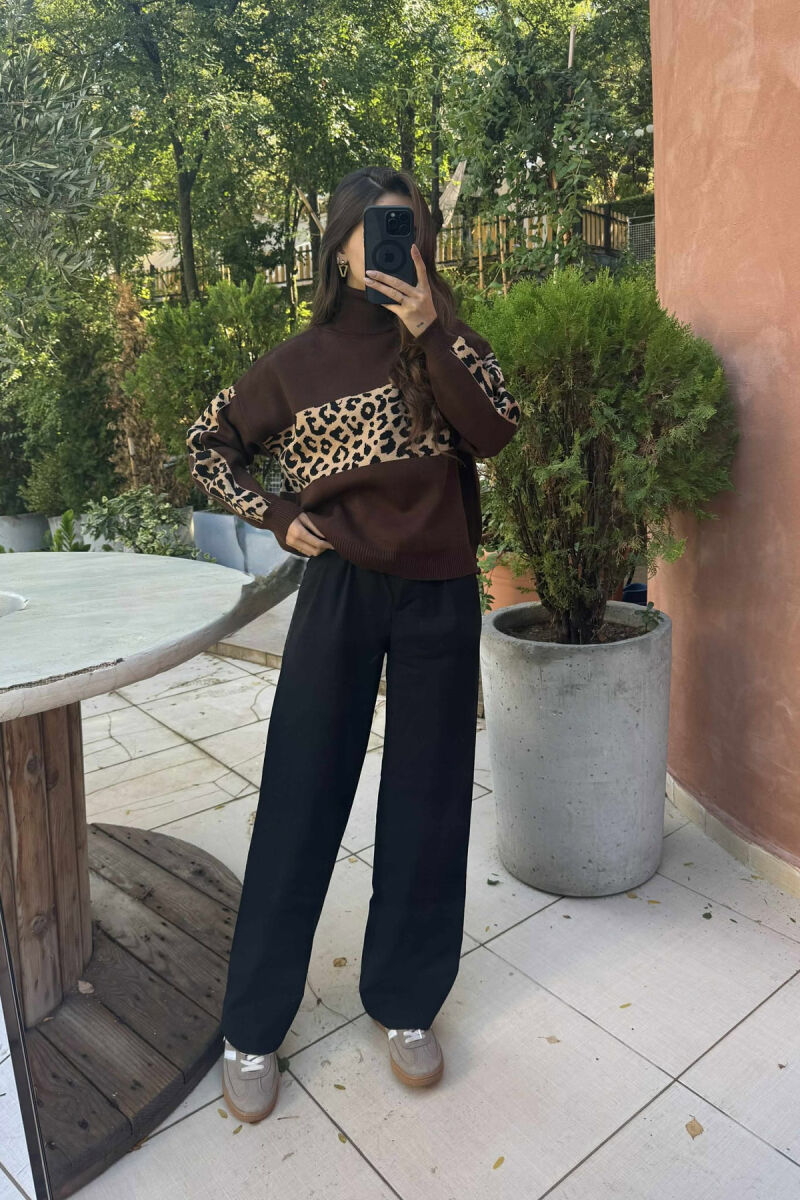 HIGH NECK LEO DESIGN WOMEN SWEATER BROWN/KAFE - 4