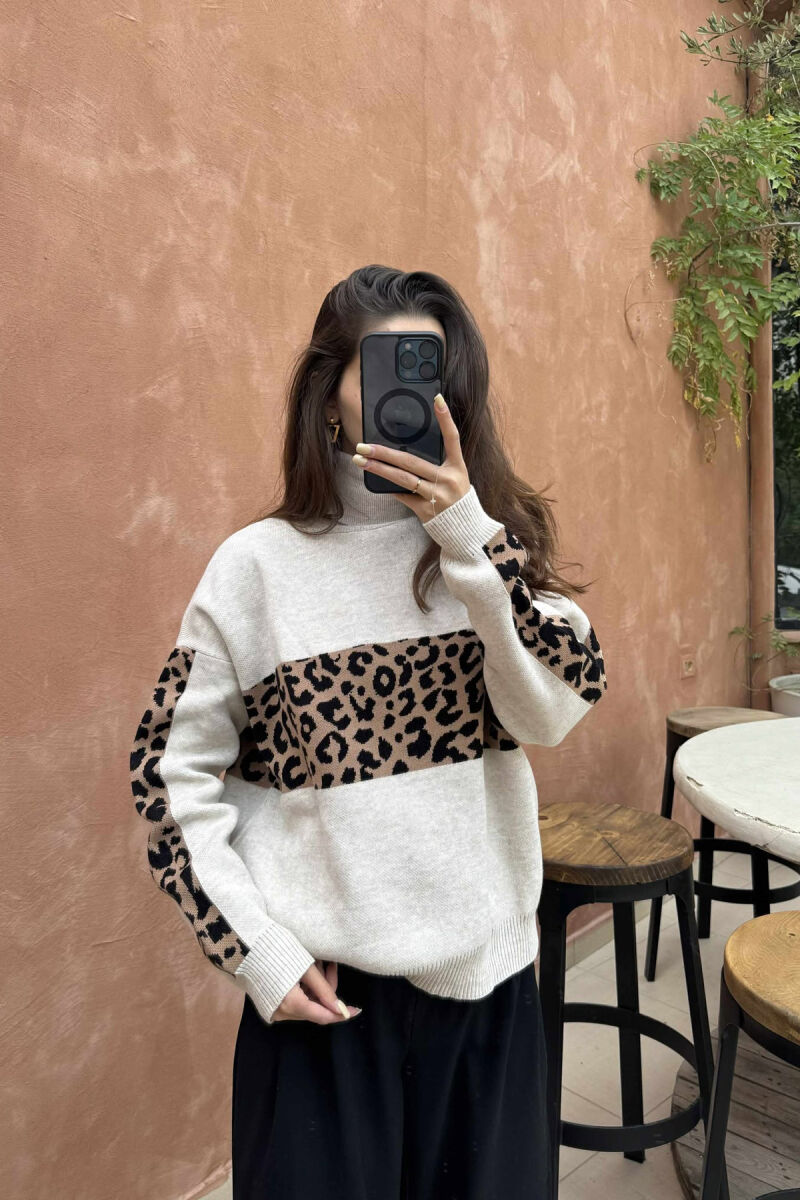 HIGH NECK LEO DESIGN WOMEN SWEATER LIGHT BEIGE/BZHZB - 4