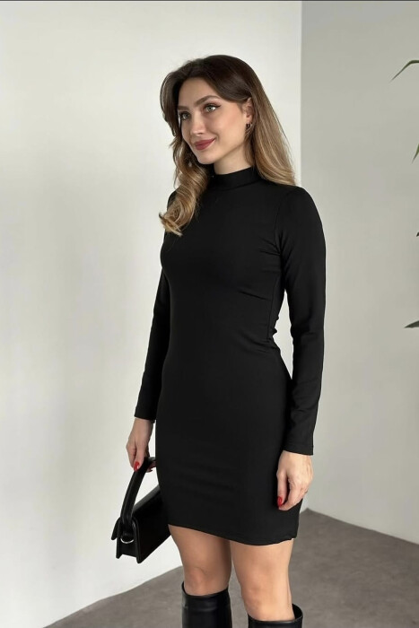 HIGH NECK LONG SLEEVES SHORT WOMEN DRESS BLACK/ E ZEZE - 2