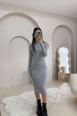 HIGH NECK LONG WOMEN DRESS GREY/GRI 