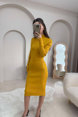 HIGH NECK LONG WOMEN DRESS MUSTARD/MUSTARDE 