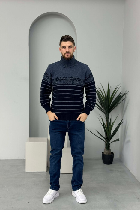 TWO COLORS HIGH NECK MEN SWEATER DARK BLUE/BEE 