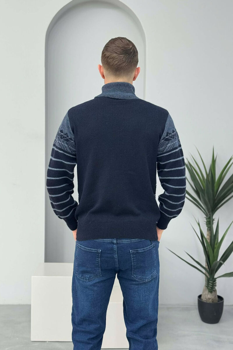 TWO COLORS HIGH NECK MEN SWEATER DARK BLUE/BEE - 2