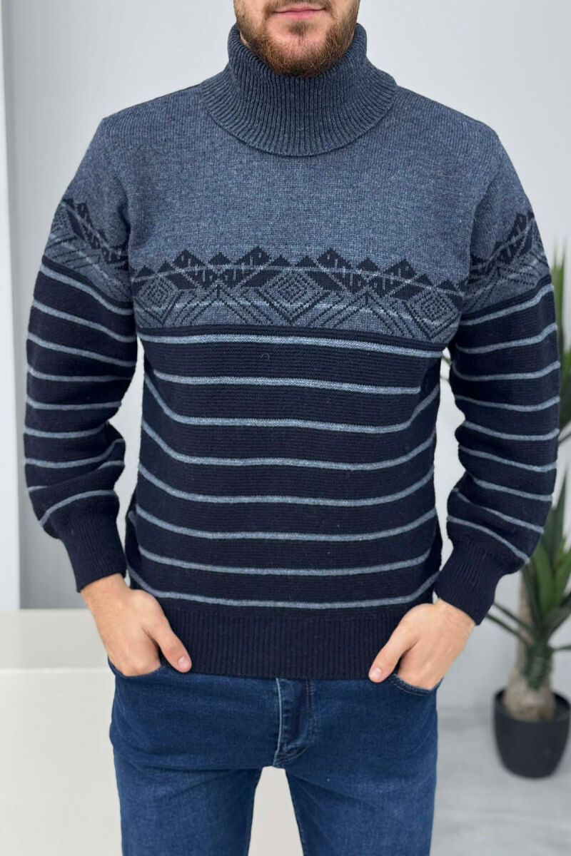 TWO COLORS HIGH NECK MEN SWEATER DARK BLUE/BEE - 3