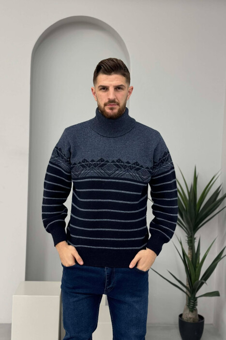TWO COLORS HIGH NECK MEN SWEATER DARK BLUE/BEE - 4