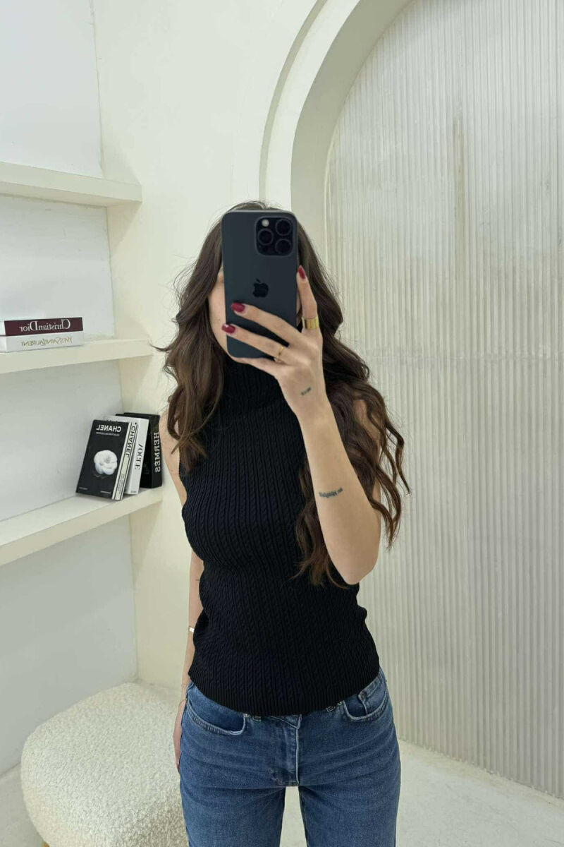 HIGH NECK ONE COLOR KNITTED WOMEN TANK TOP BLACK/ E ZEZE - 1