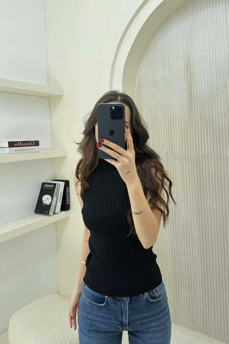 HIGH NECK ONE COLOR KNITTED WOMEN TANK TOP BLACK/ E ZEZE - 4