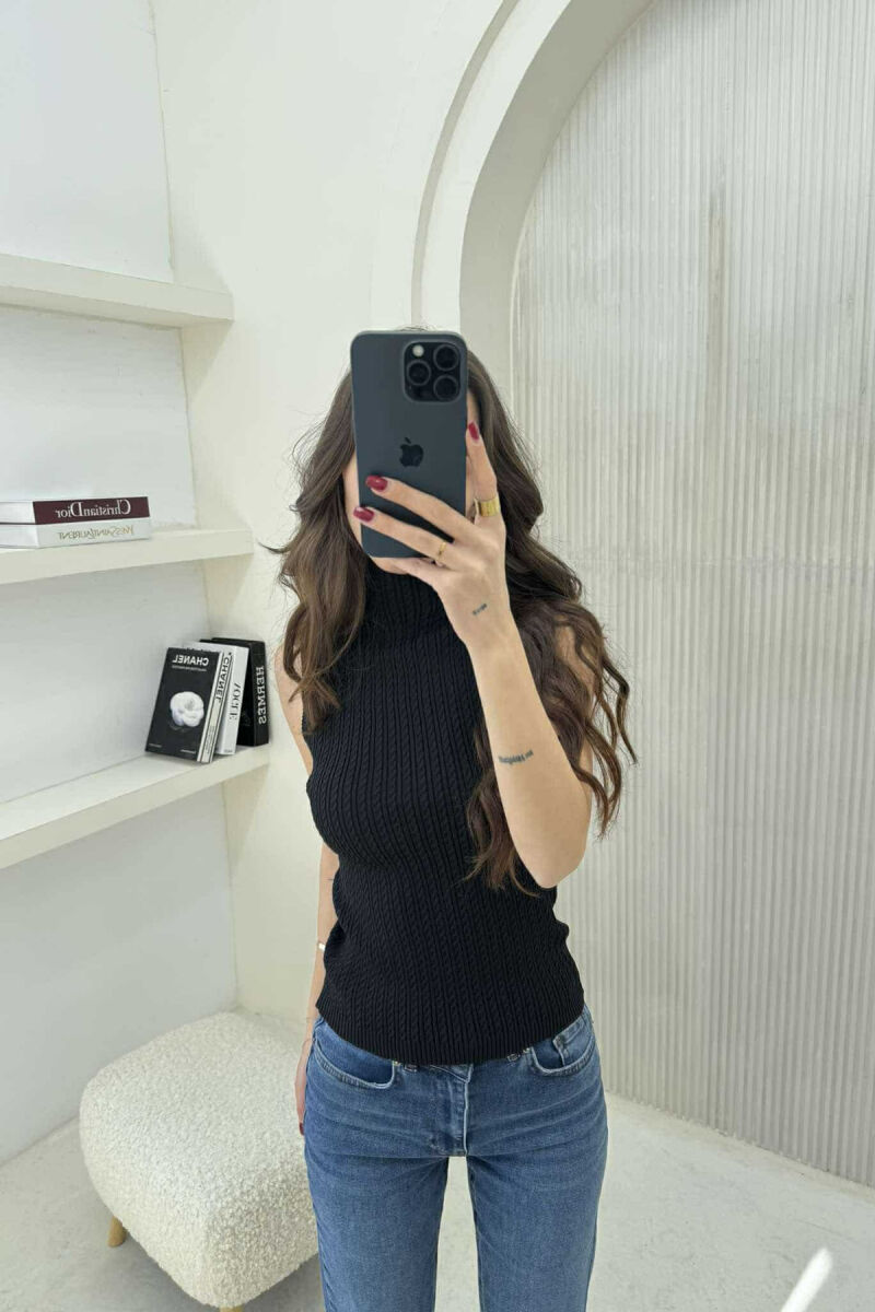 HIGH NECK ONE COLOR KNITTED WOMEN TANK TOP BLACK/ E ZEZE - 5
