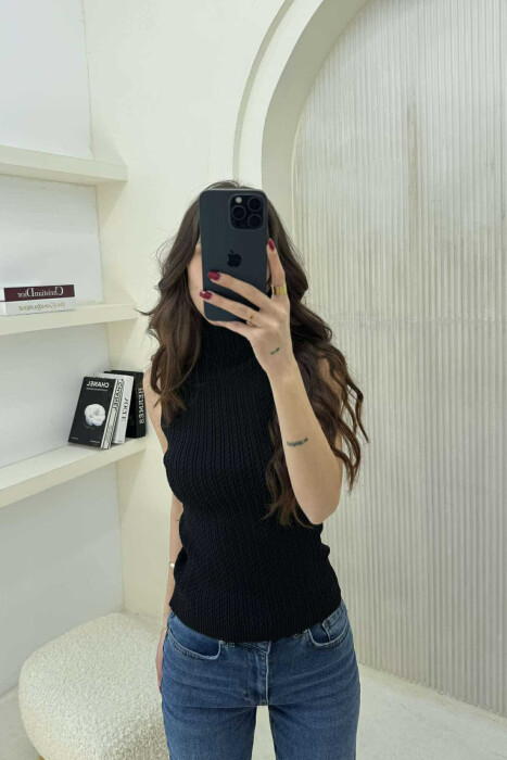 HIGH NECK ONE COLOR KNITTED WOMEN TANK TOP BLACK/ E ZEZE 