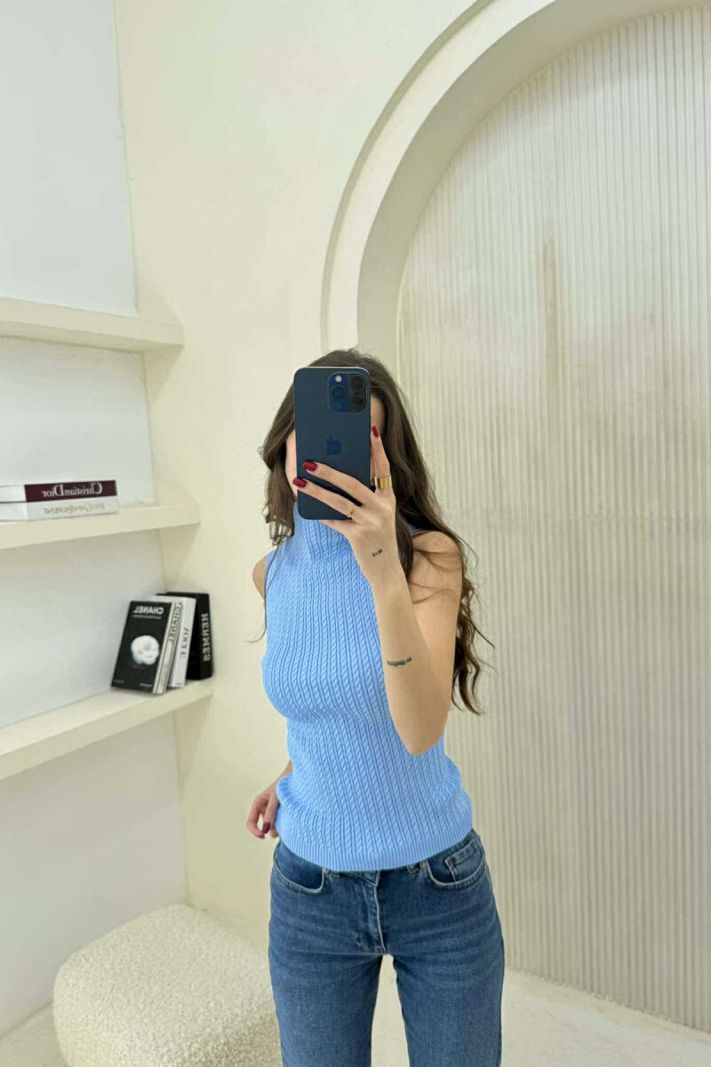 HIGH NECK ONE COLOR KNITTED WOMEN TANK TOP LIGHTBLUE/BZ - 1