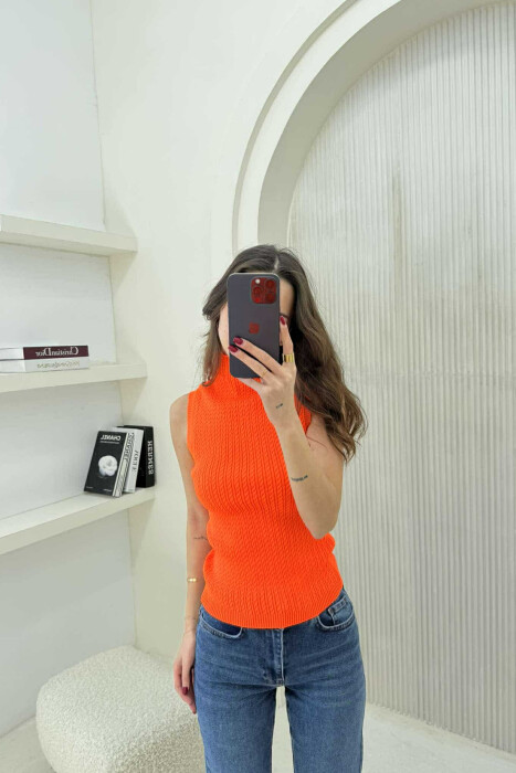HIGH NECK ONE COLOR KNITTED WOMEN TANK TOP ORANGE/PORTOKALLI 