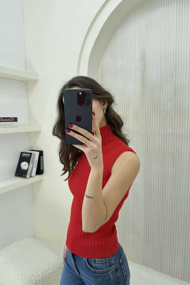 HIGH NECK ONE COLOR KNITTED WOMEN TANK TOP RED/E KUQE - 2