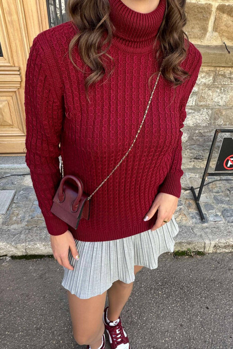 HIGH NECK ONE COLOR WOMAN SWEATER BURGUNDY/VISHNJE - 2