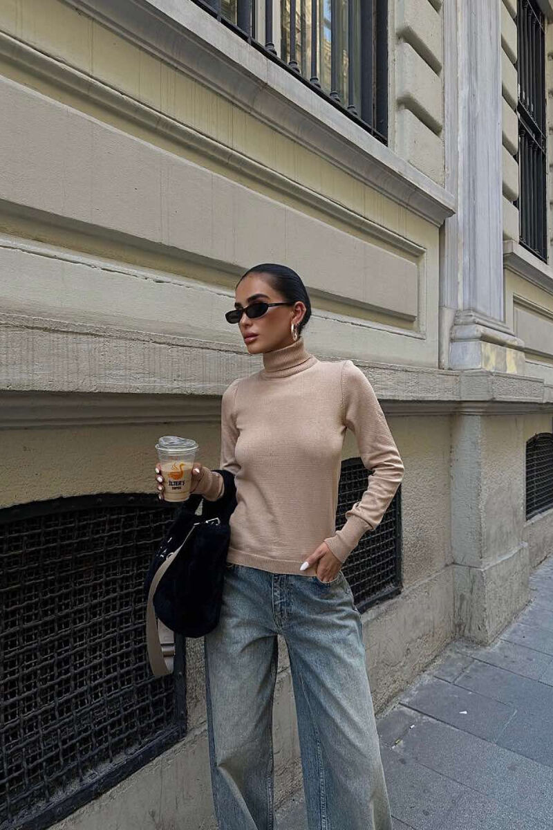 HIGH NECK ONE COLOR SIMPLE WOMAN SWEATER BROWN/KAFE - 5