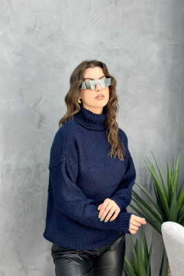 HIGH NECK ONE COLOR SIMPLE WOMAN SWEATER DARK BLUE/BEE 