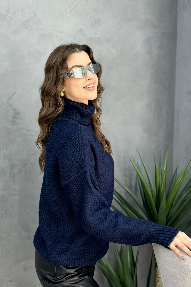 HIGH NECK ONE COLOR SIMPLE WOMAN SWEATER DARK BLUE/BEE - 3