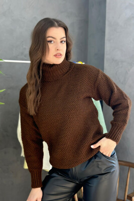 HIGH NECK ONE COLOR SIMPLE WOMAN SWEATER DARK BROWN/KAE 