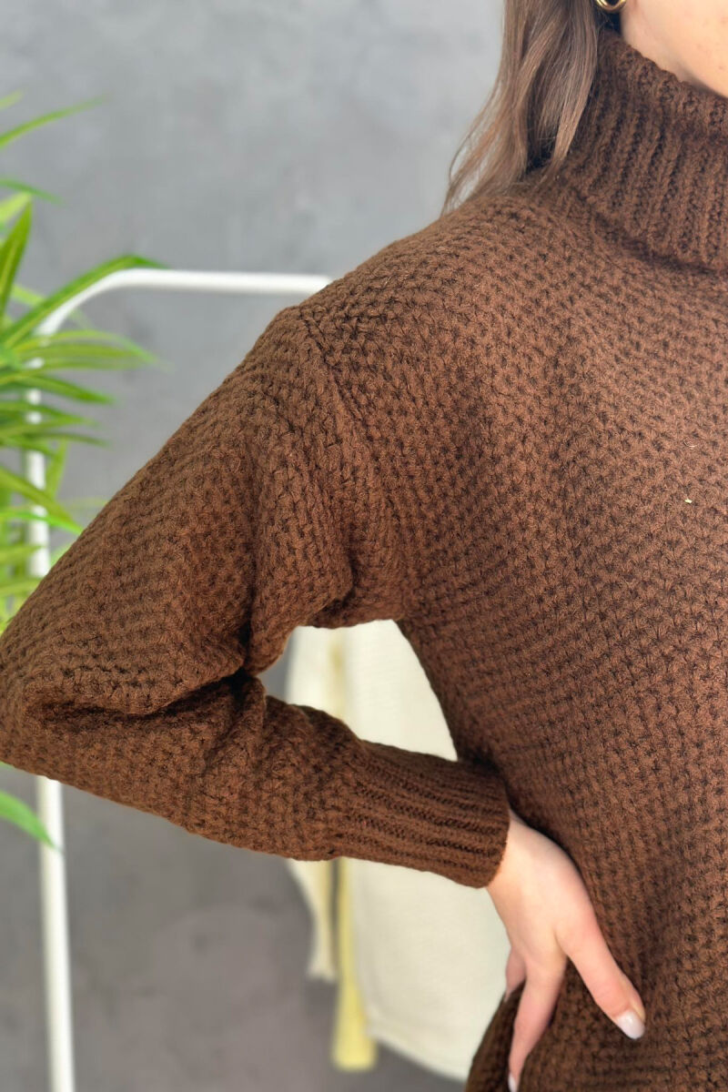 HIGH NECK ONE COLOR SIMPLE WOMAN SWEATER DARK BROWN/KAE - 3