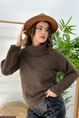 HIGH NECK ONE COLOR SIMPLE WOMAN SWEATER DARK BROWN/KAE 