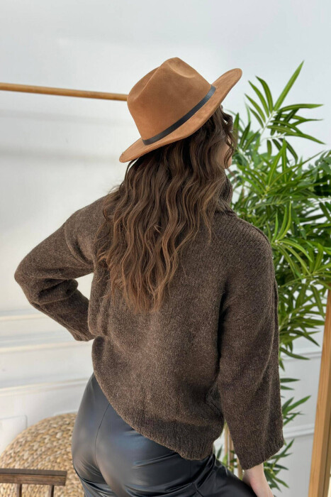 HIGH NECK ONE COLOR SIMPLE WOMAN SWEATER DARK BROWN/KAE - 2