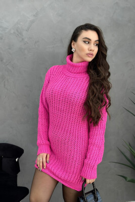 HIGH NECK ONE COLOR SIMPLE WOMAN DRESS FUCHSIA/CIKLAMI 