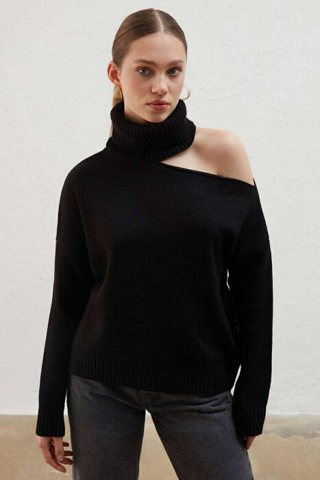 HIGH NECK ONE COLOR WOMAN SWEATER BLACK/ E ZEZE 