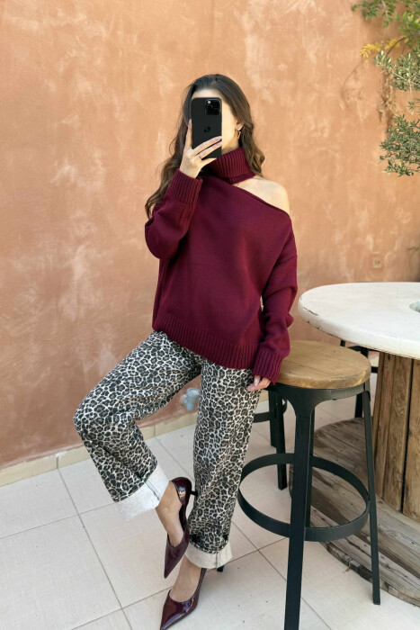 HIGH NECK ONE COLOR WOMAN SWEATER BURGUNDY/VISHNJE - 2