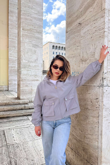 HIGH NECK ONE COLOR WOMEN JACKET GREY/GRI 