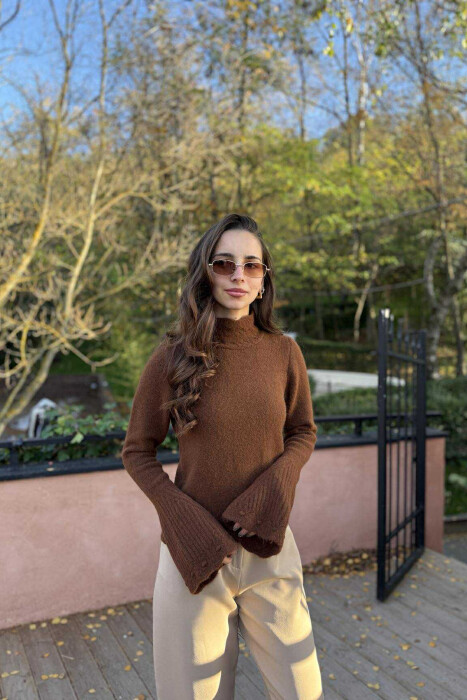 HIGH NECK ONE COLOR WOMEN SWEATER BROWN/KAFE - 2