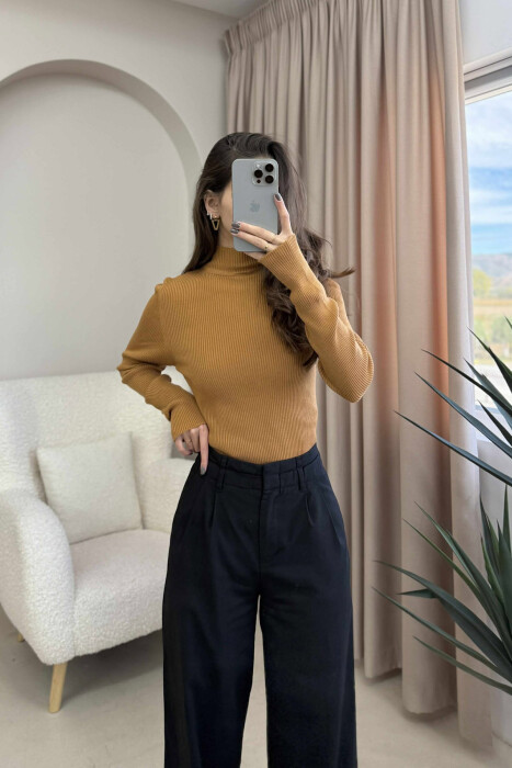 HIGH NECK ONE COLOR WOMEN SWEATER BROWN/KAFE - 2