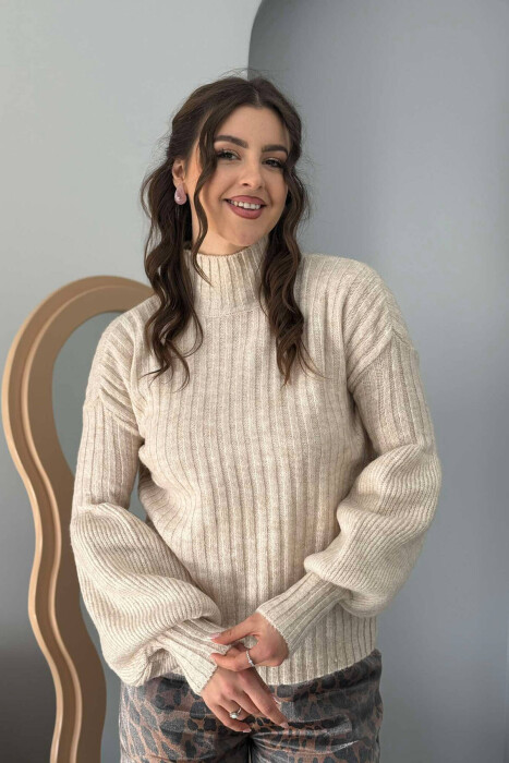 HIGH NECK ONE COLOR WOMEN SWEATER CREAM/KREM 