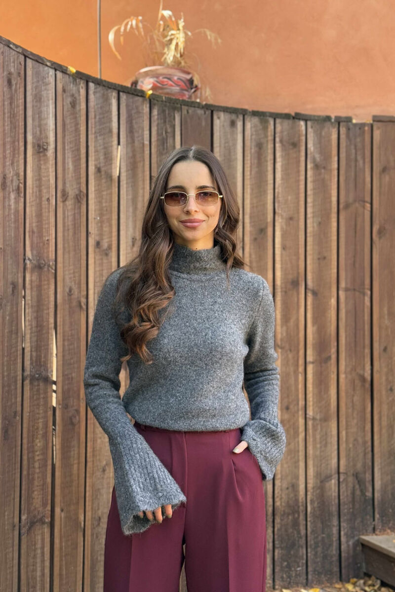 HIGH NECK ONE COLOR WOMEN SWEATER DARK GREY/GEE - 2