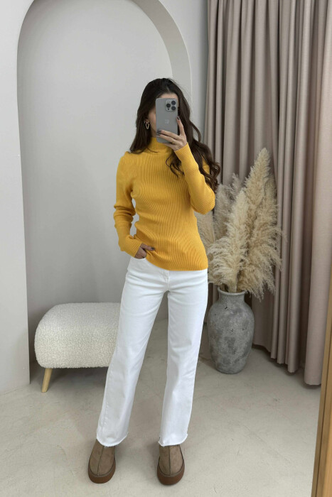 HIGH NECK ONE COLOR WOMEN SWEATER MUSTARD/MUSTARDE - KLAUDIO FASHION