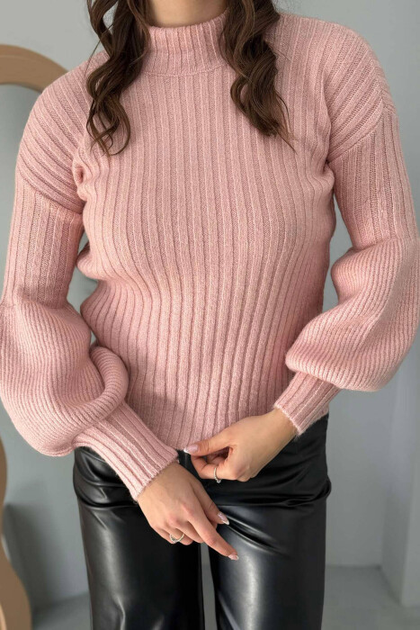 HIGH NECK ONE COLOR WOMEN SWEATER PINK/ROZE - 2