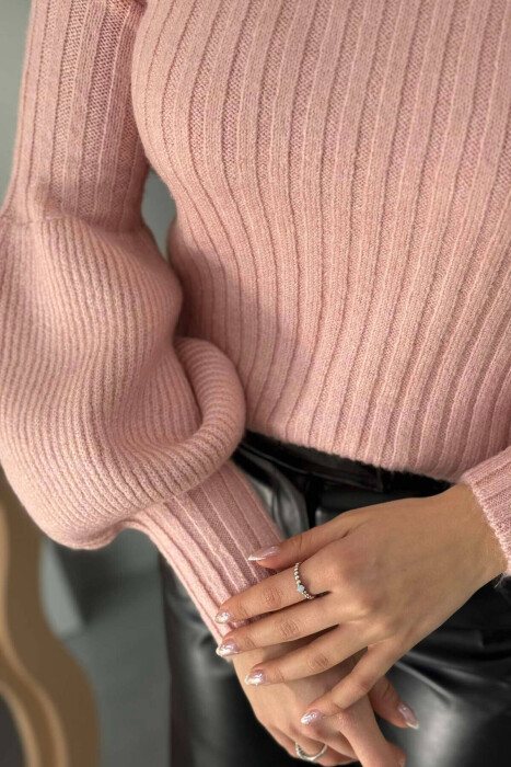 HIGH NECK ONE COLOR WOMEN SWEATER PINK/ROZE - 4