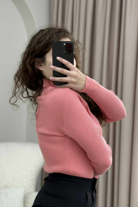 HIGH NECK ONE COLOR WOMEN SWEATER POWDER/PUDER - 4