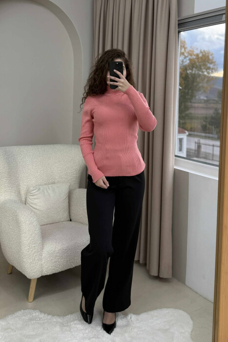 HIGH NECK ONE COLOR WOMEN SWEATER POWDER/PUDER - 5