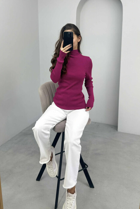 HIGH NECK ONE COLOR WOMEN SWEATER PURPLE/LEJLA - 4