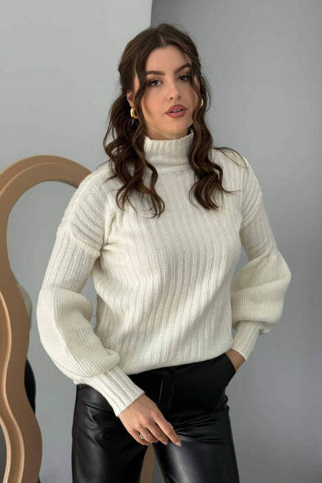 HIGH NECK ONE COLOR WOMEN SWEATER WHITE-E BARDHE - 3