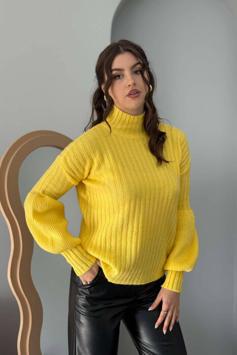 HIGH NECK ONE COLOR WOMEN SWEATER YELLOW/E VERDHE 