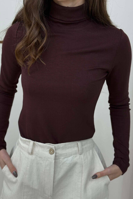 HIGH NECK ONE COLOR WOMEN SWEATSHIRT BROWN/KAFE - 3