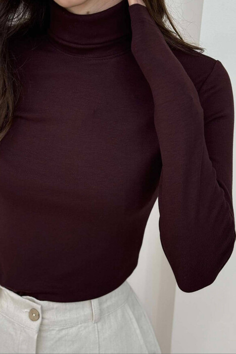 HIGH NECK ONE COLOR WOMEN SWEATSHIRT BROWN/KAFE - 5